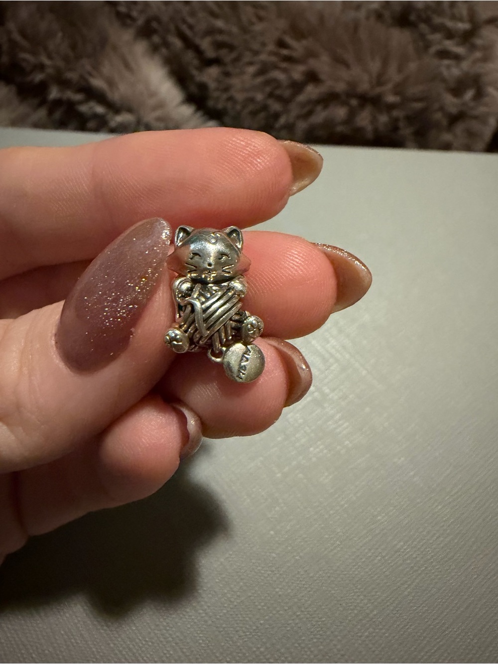 Pandora Silver Cat Charm with Yarn Ball